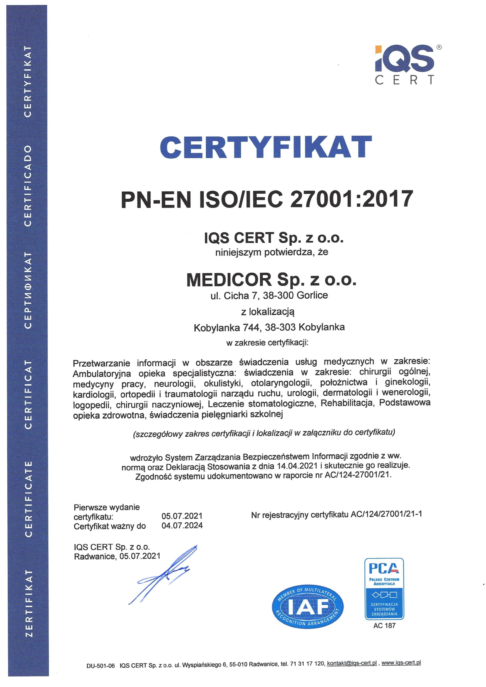 MEDICOR Certyfikat ISO 27001-3-1
